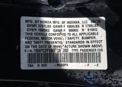 2016 Honda Civic Lx z USA, uszkodzony, nr VIN 19XFC2F59GE089892